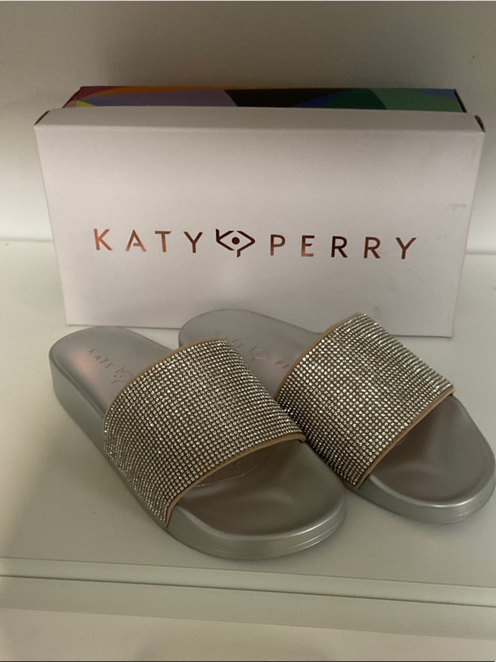 Katy Perry Collections Silver Crystal Embellished Slide Sandals
